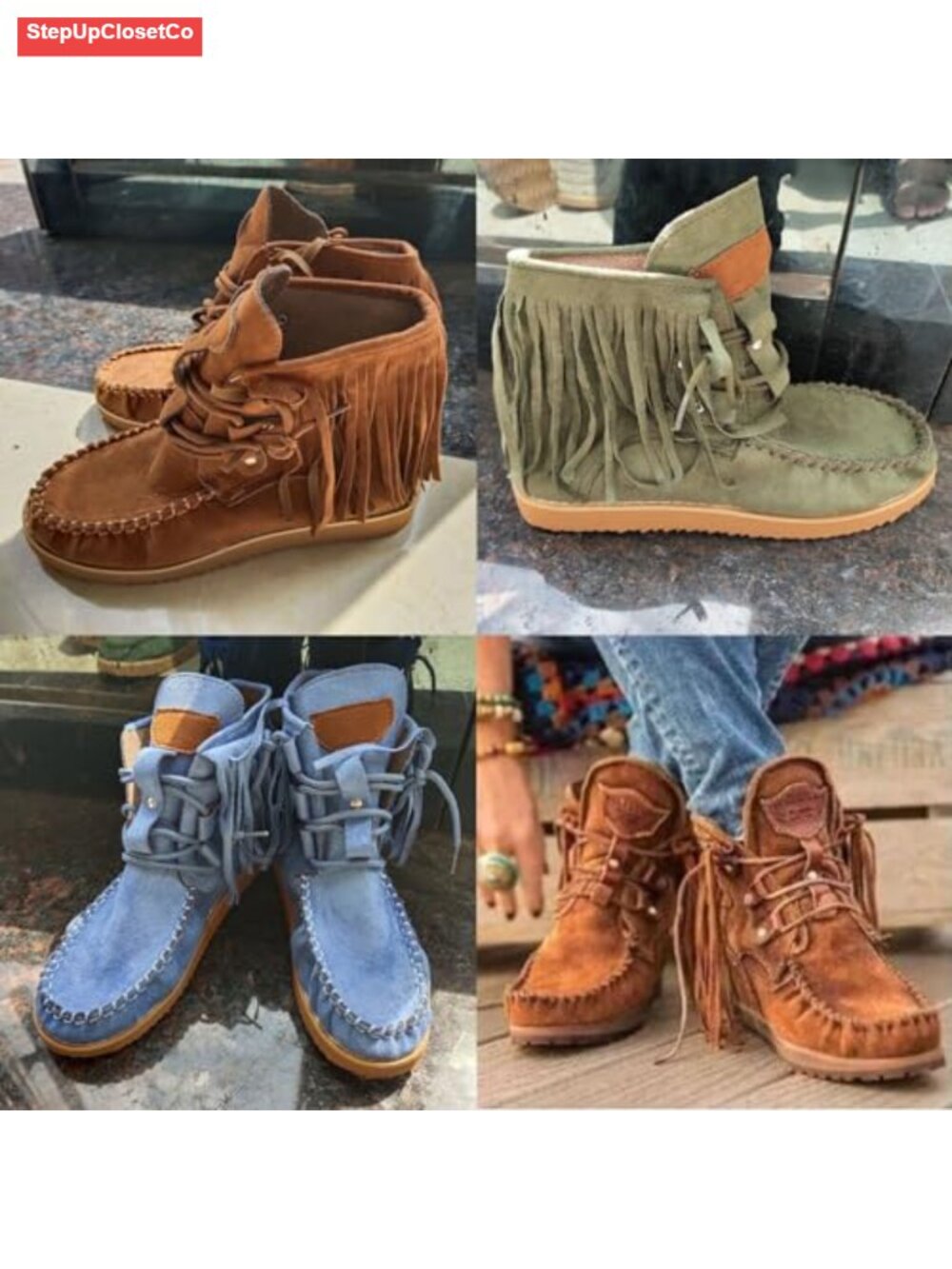 Vintage Fringed Ankle Boots Faux Suede Moc Toe Flat Booties - Picture 2 of 6